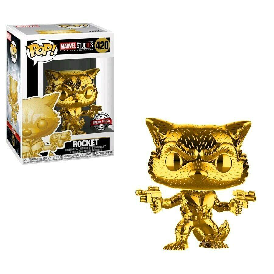 Funko Pop! MARVEL  - MARVEL Studios: The First Ten Years #420 - Rocket Raccoon (Gold Chrome) (Exclusive) - Simply Toys